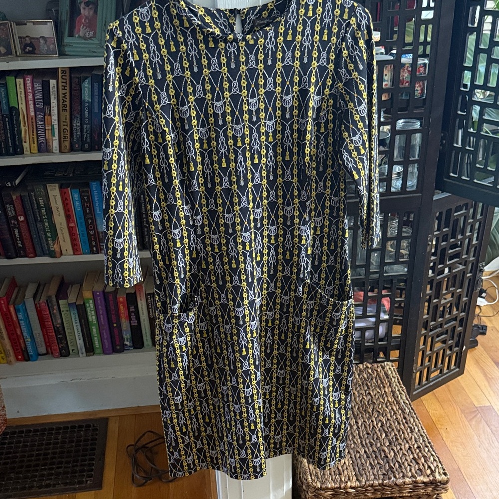 J. McLaughlin Black and Yellow Geometric Long Sleeve Dress